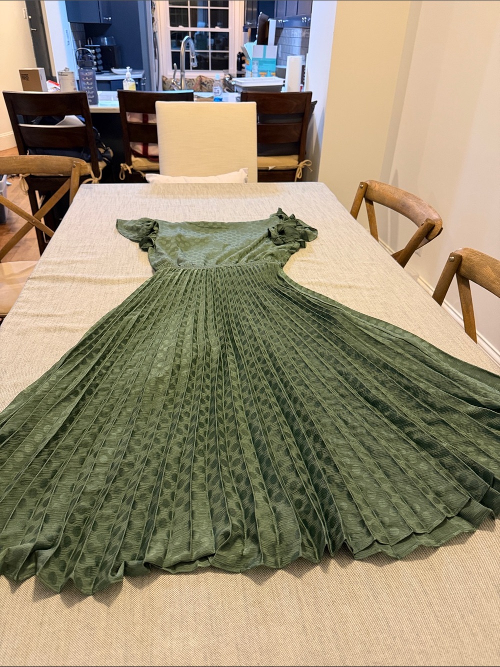 Max Studio Green with dots Pleated Midi Dress with Flutter Sleeves - Picture 7 of 7